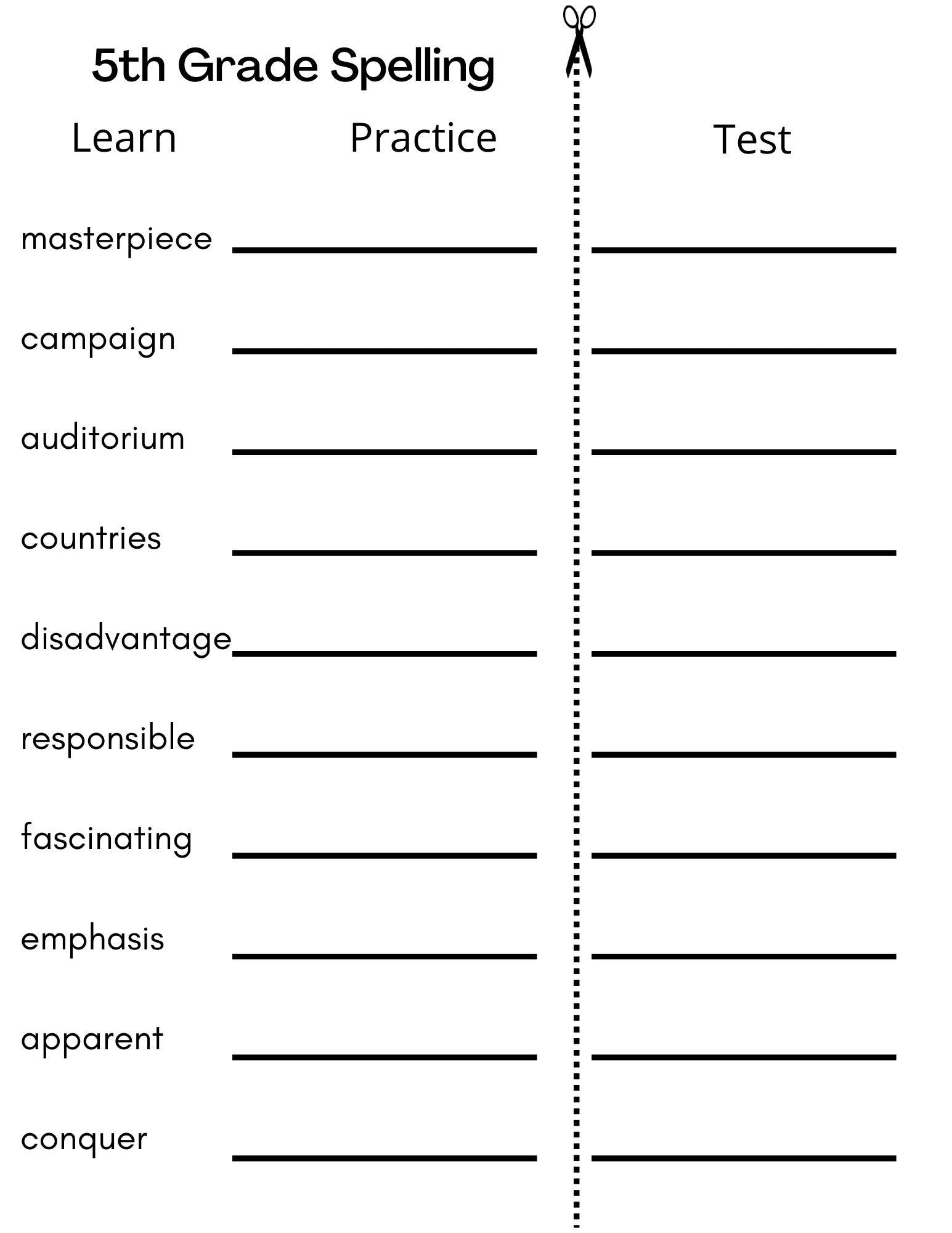 10 Printable Fifth Grade Spelling Writing Spelling Test Etsy