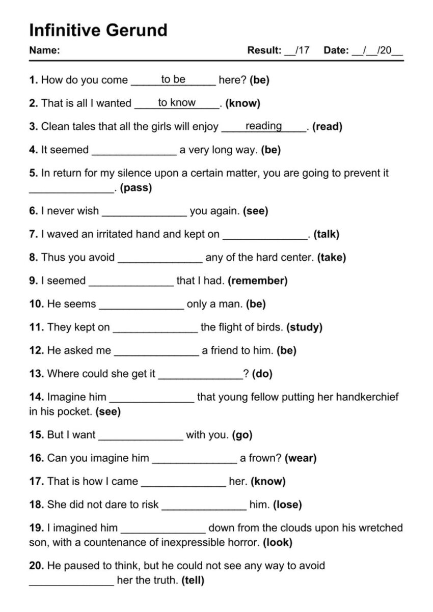 101 Infinitive Gerund PDF Worksheets With Answers Grammarism