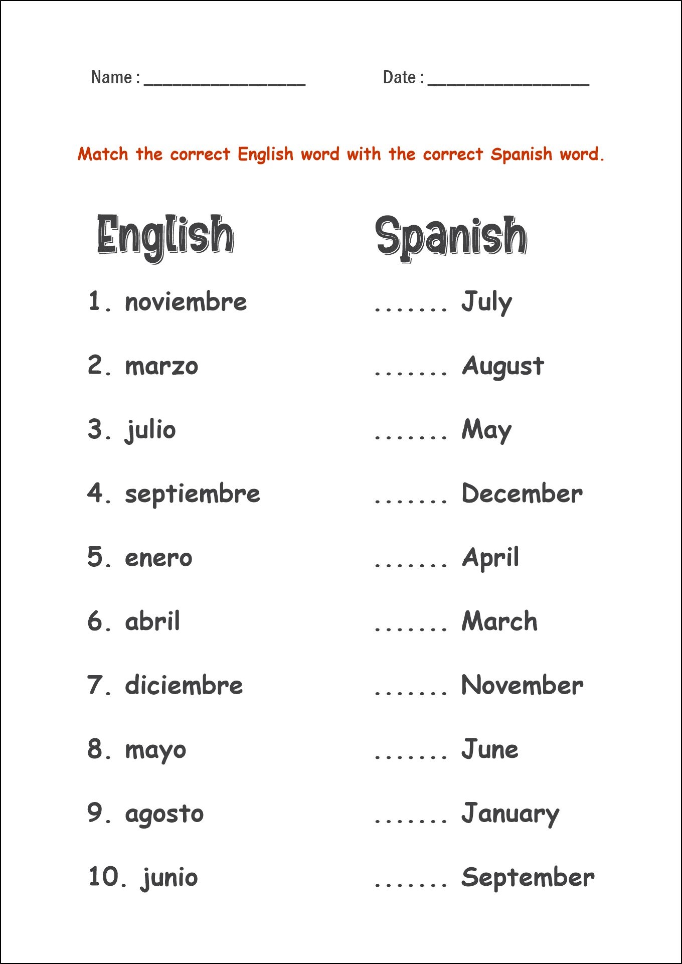 11 Free Printable Spanish Worksheets Months Free PDF At Worksheeto