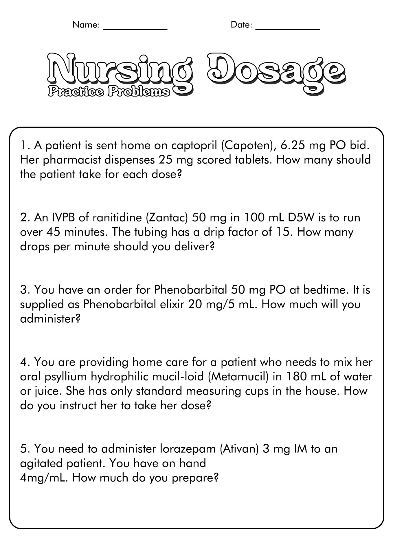 Printable Free Pharmacy Technician Math Worksheets