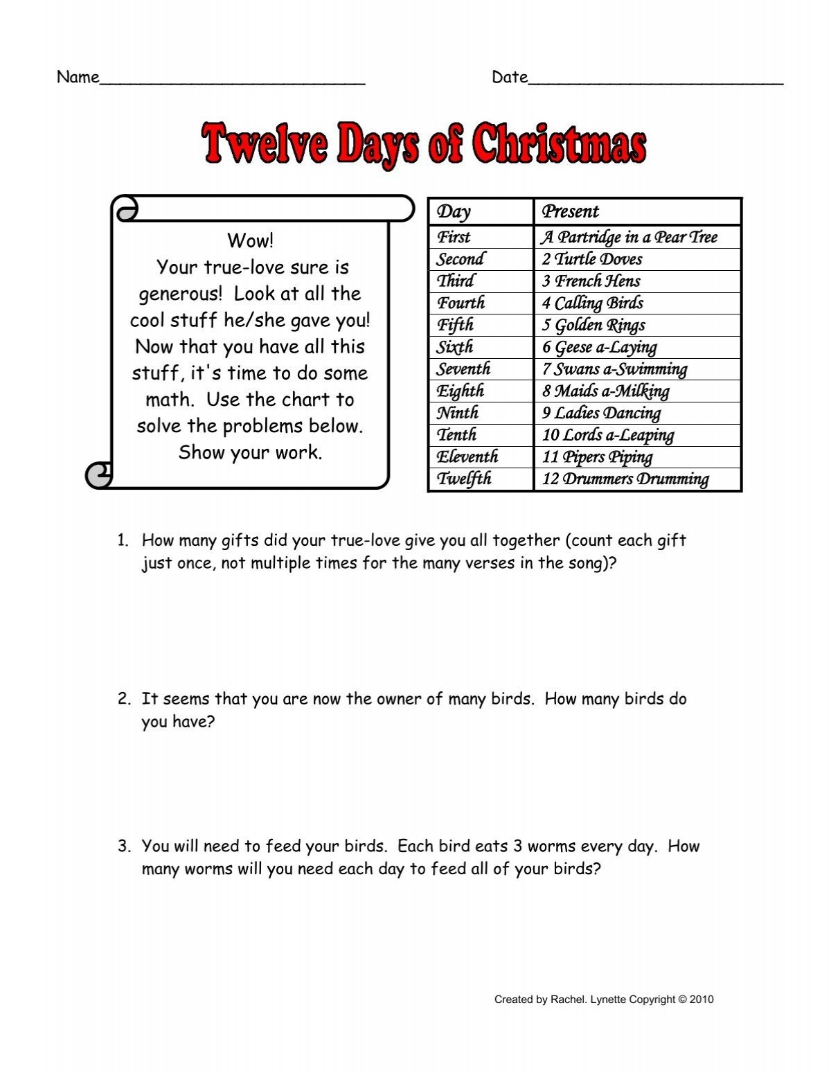 12 Days Of Christmas Story Problems
