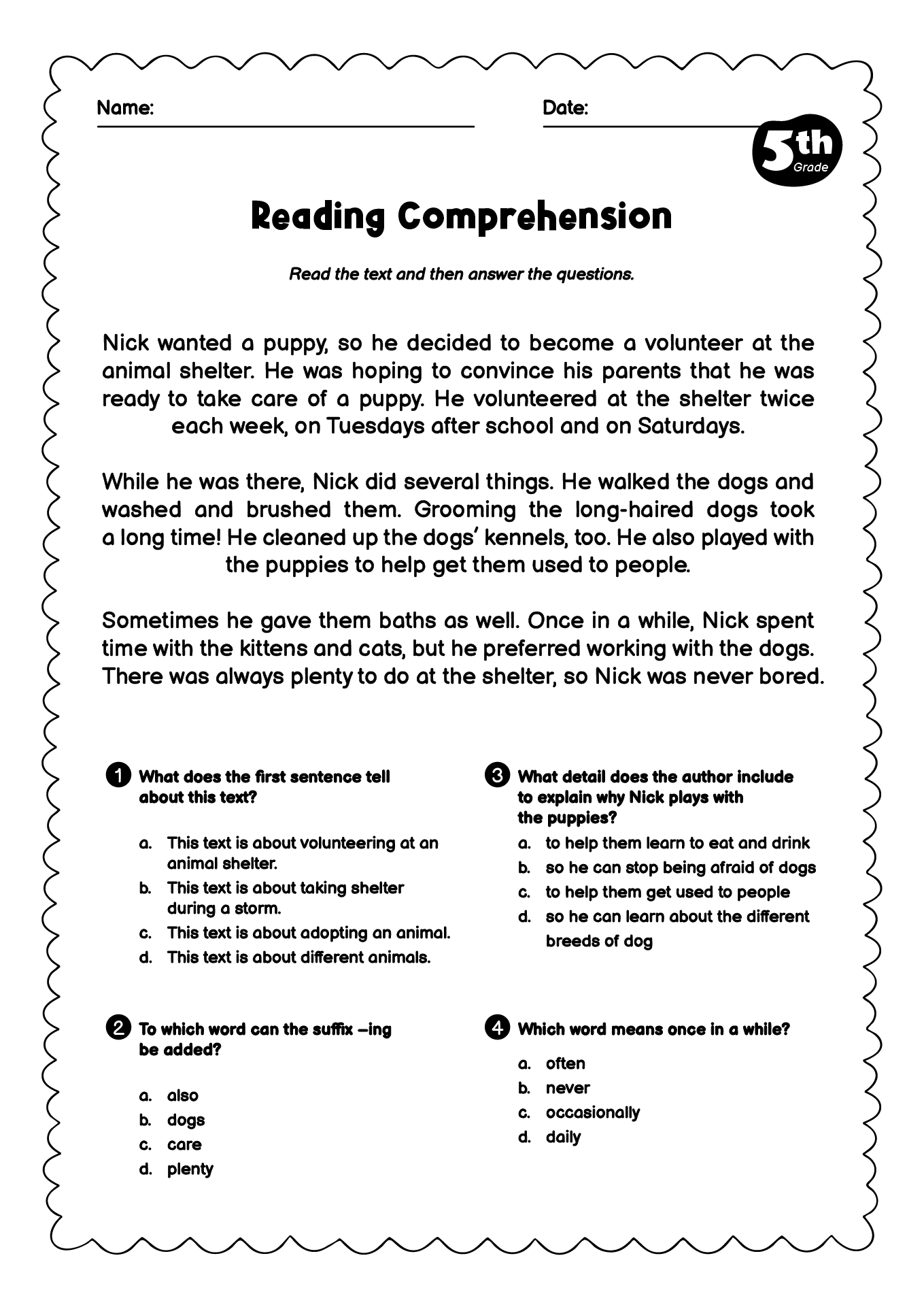 Fifth Grade Reading Comprehension Worksheet