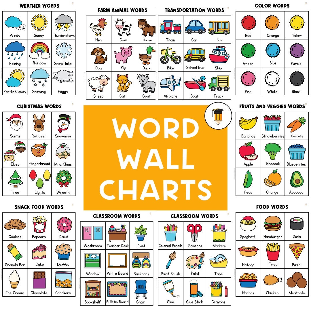 12 WORD WALL CHARTS Kindergarten Preschool Classroom Decor Word Wall Poster Literacy Centers Writing Chart Letters Preschool Etsy
