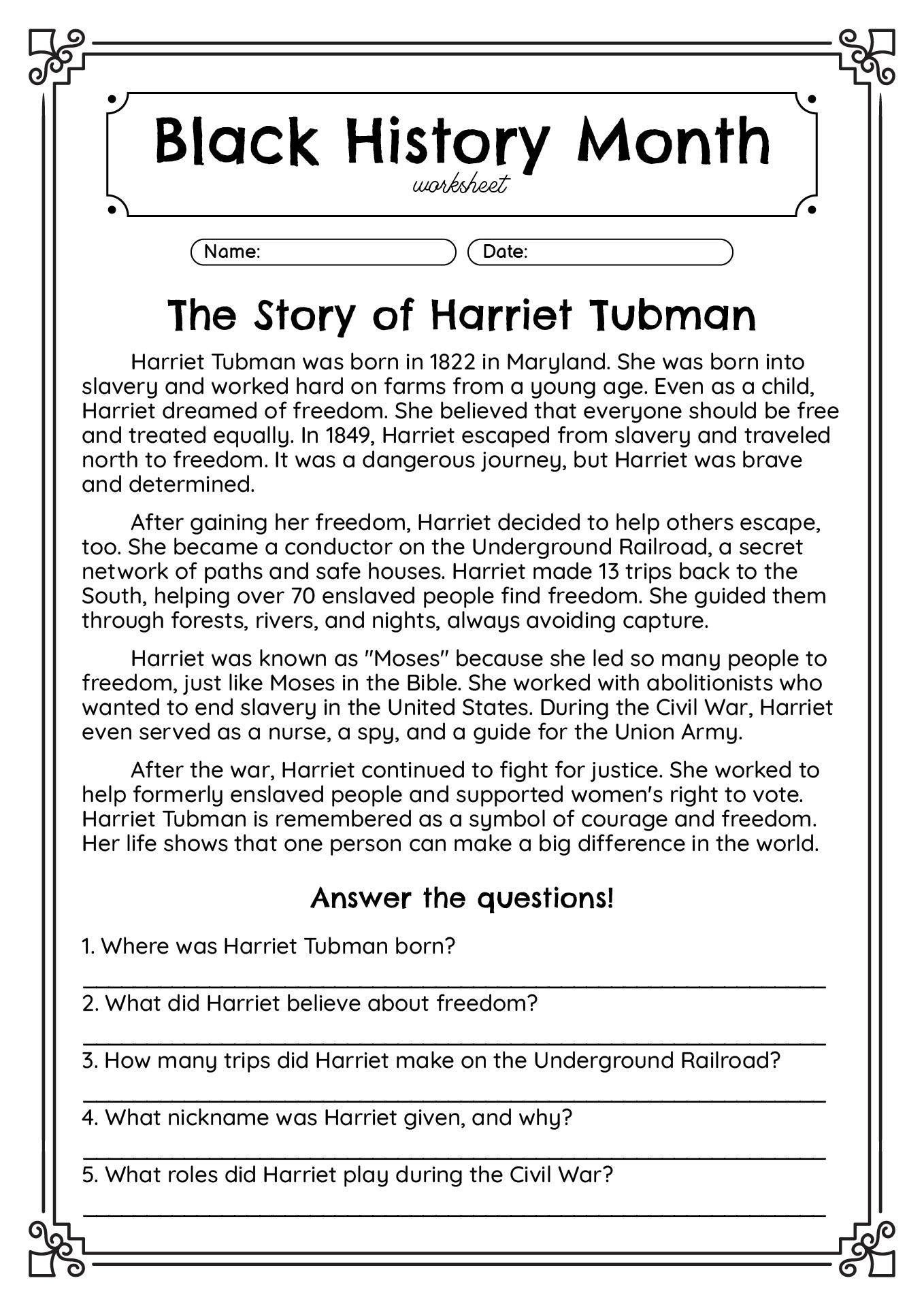 African American History Reading Comprehension Worksheets