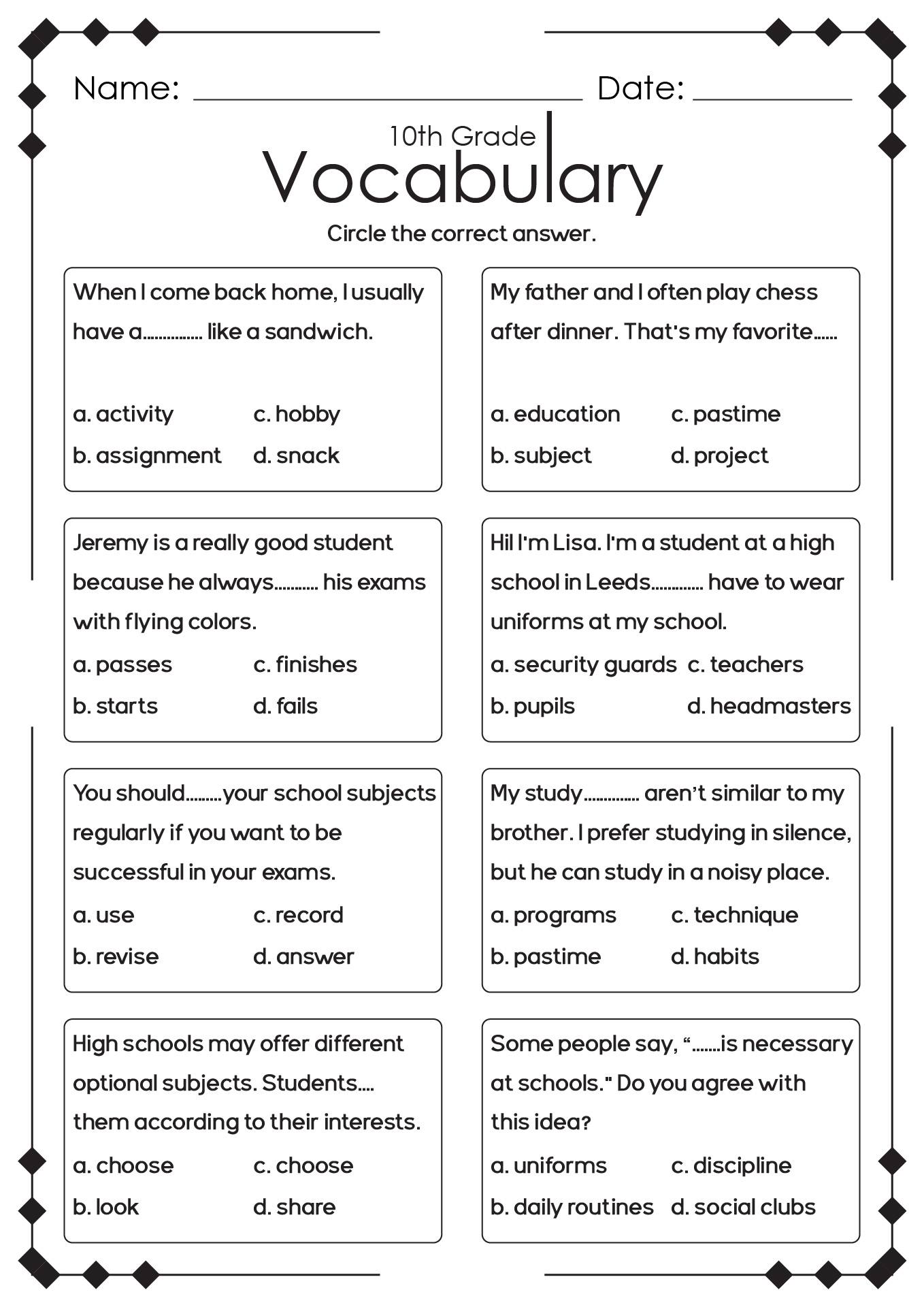 Printable English Worksheets For Year 10 Printable English Worksheets For Year 10