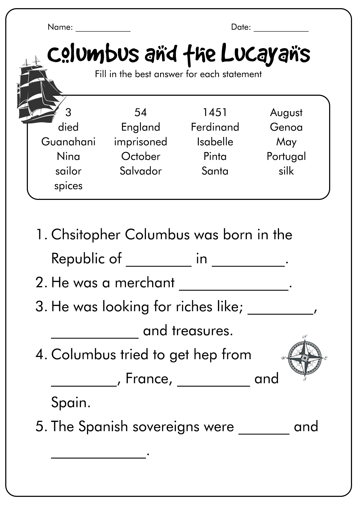 14 Christopher Columbus Kindergarten Worksheets Free PDF At Worksheeto