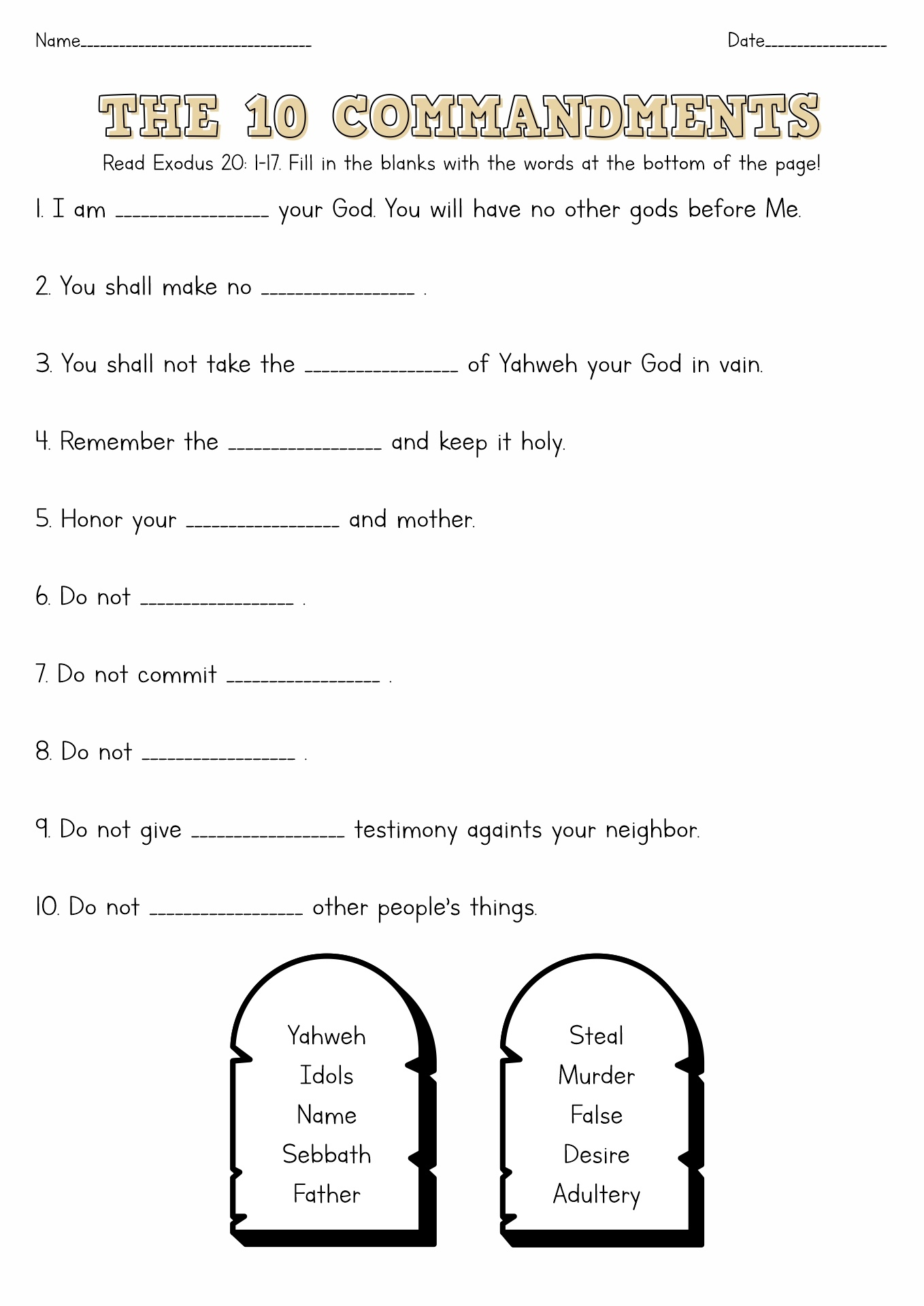 Free Printable 10 Commandments Worksheet