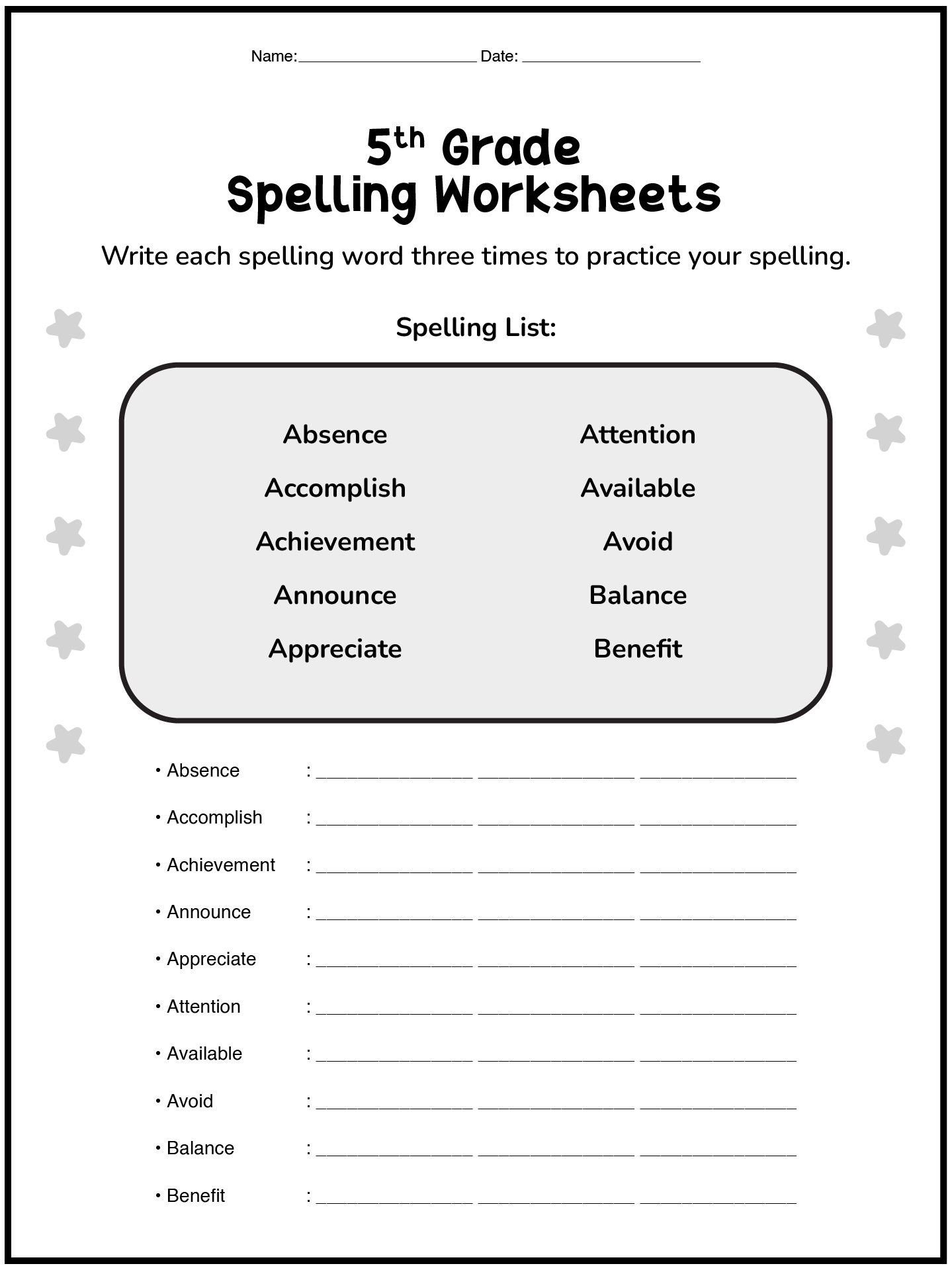Printable 5th Grade Spelling Worksheets