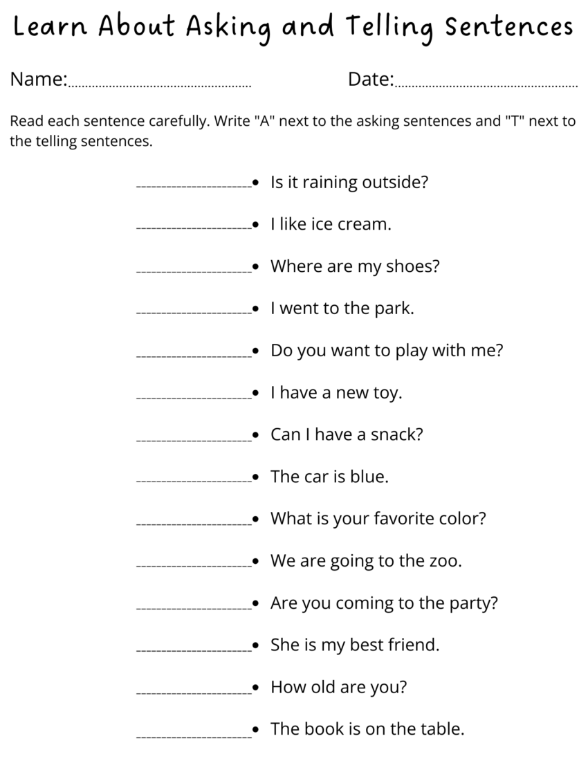 1st Grade Asking And Telling Sentences Worksheets Made By Teachers