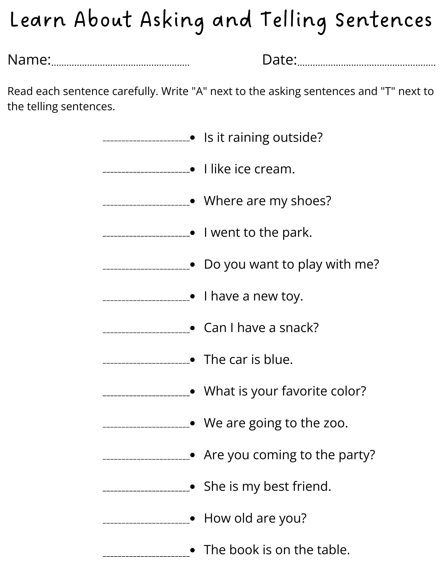 1st Grade Asking And Telling Sentences Worksheets Made By Teachers