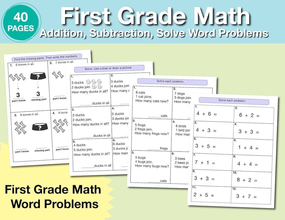 1st Grade Math Worksheet Printable Addition Subtraction Word Problems Chart Reading Homeschool Resource Instant Download PDF Etsy