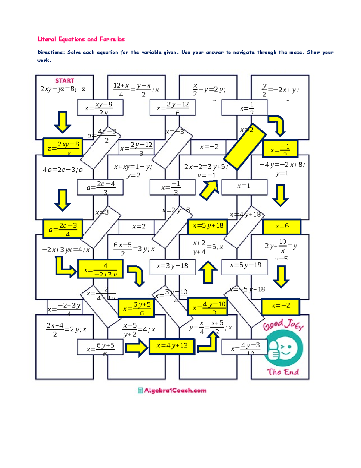 2 5 Literal Equations and Formulas Answers Maze Activity 5 Literal Equations And Formulas Studocu 2 5 Literal Equations and Formulas Answers Maze Activity 5 Literal Equations And Formulas Studocu