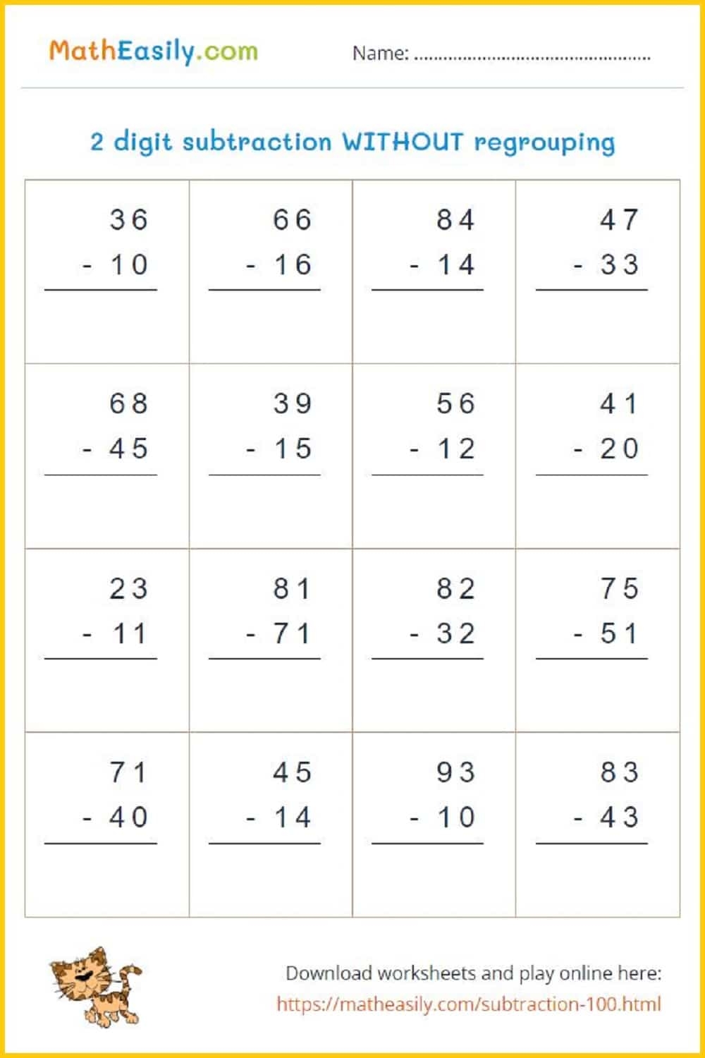 2 Digit Subtraction Games WITH WITHOUT Regrouping