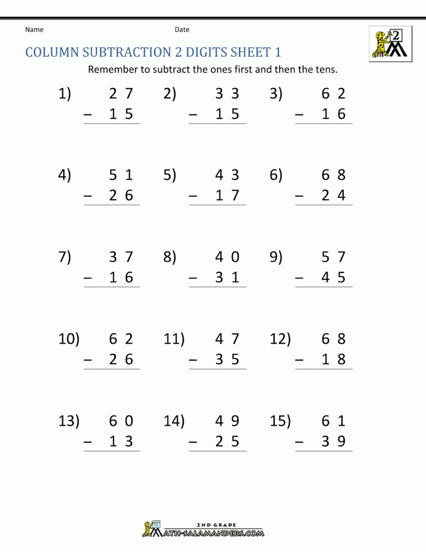 2 Digit Subtraction Worksheets