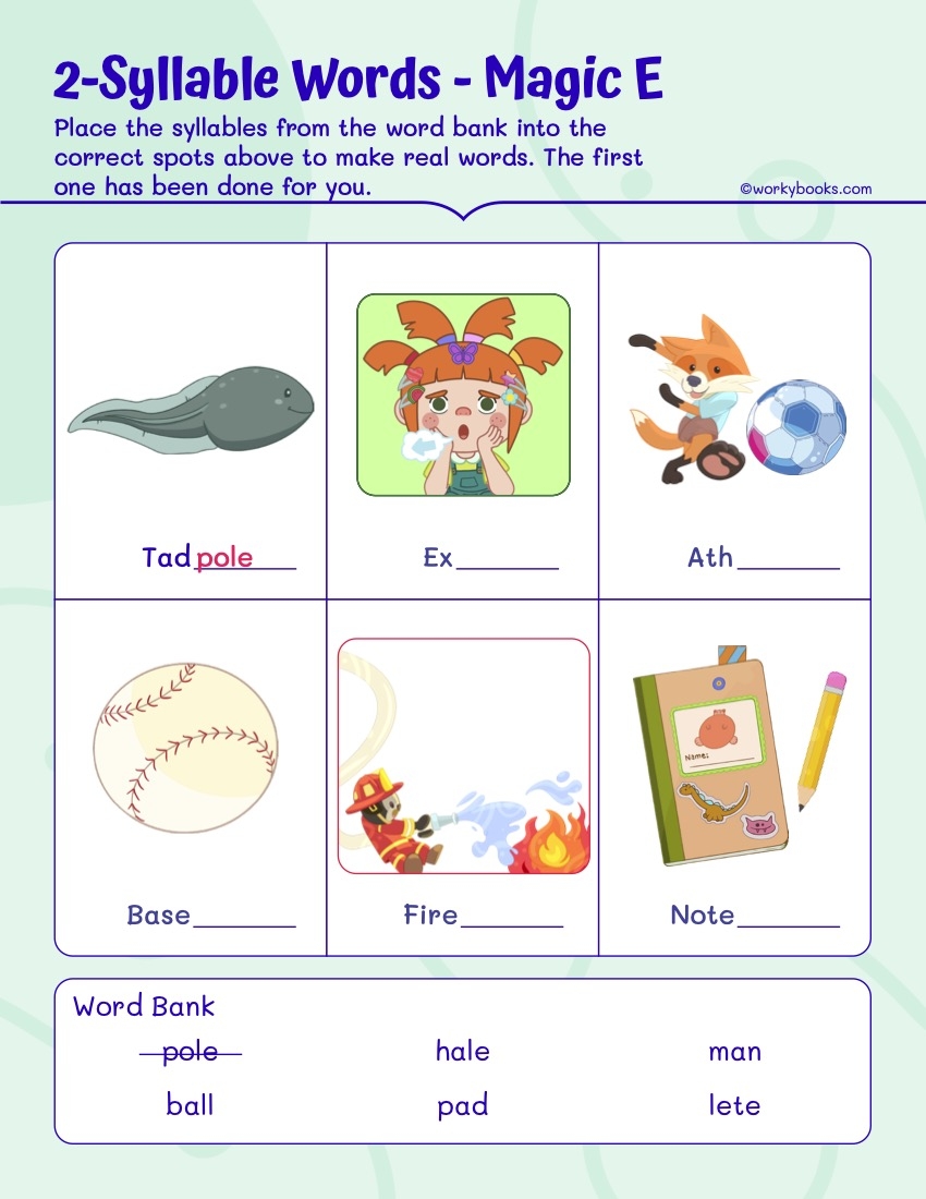 2 Syllable Words Magic E Worksheet Workybooks