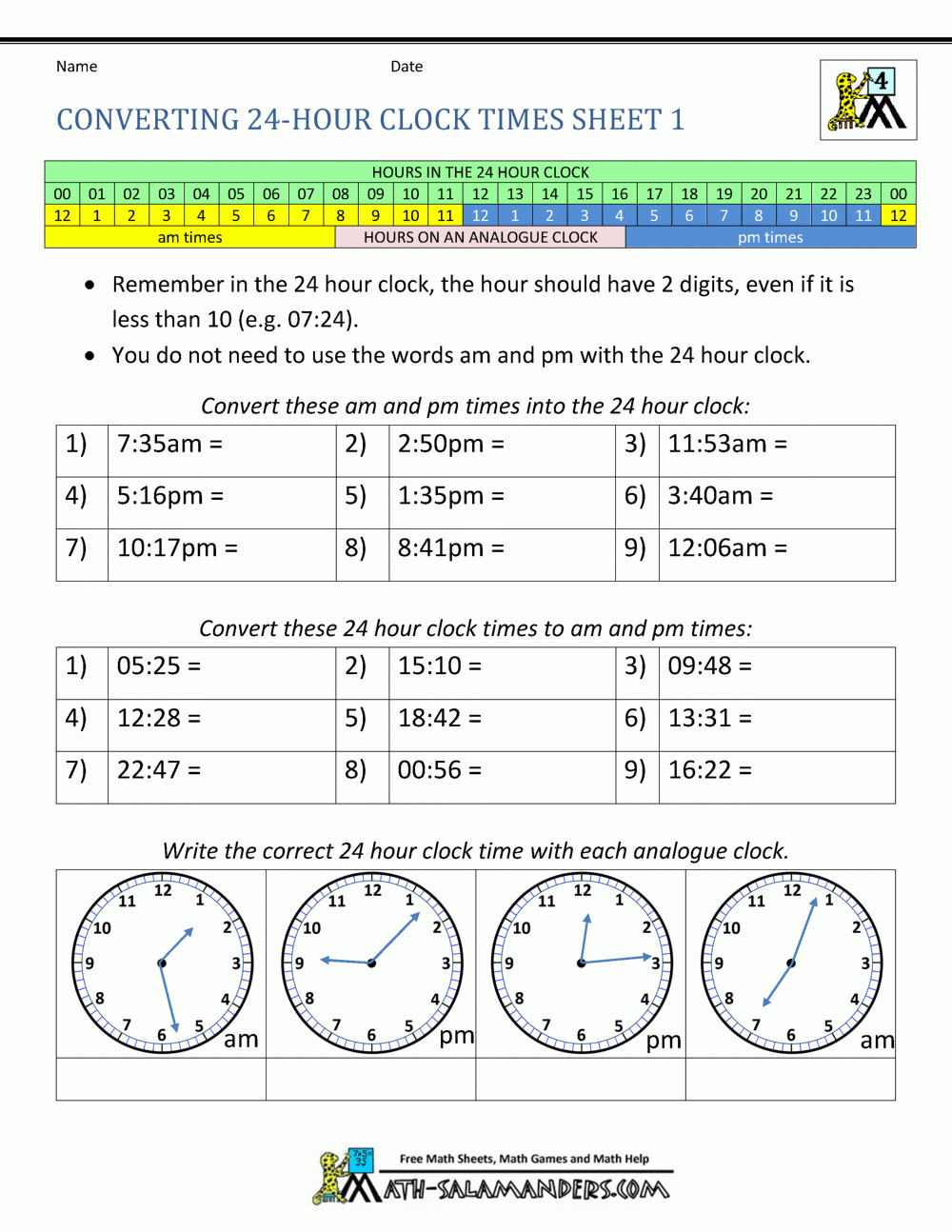 24 Hour Clock Conversion Worksheets