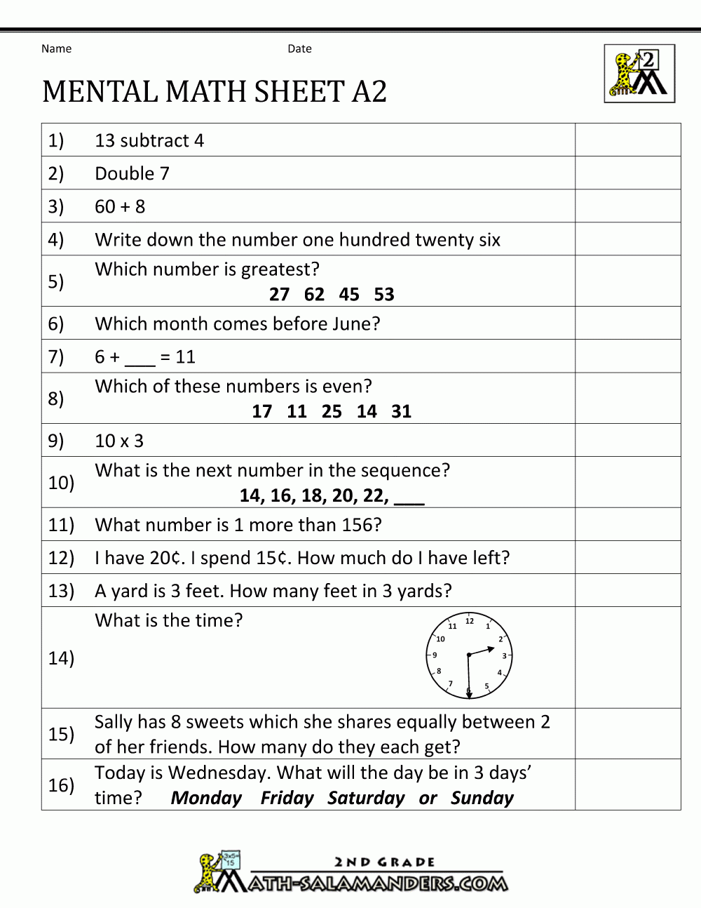 Mental Math Worksheet