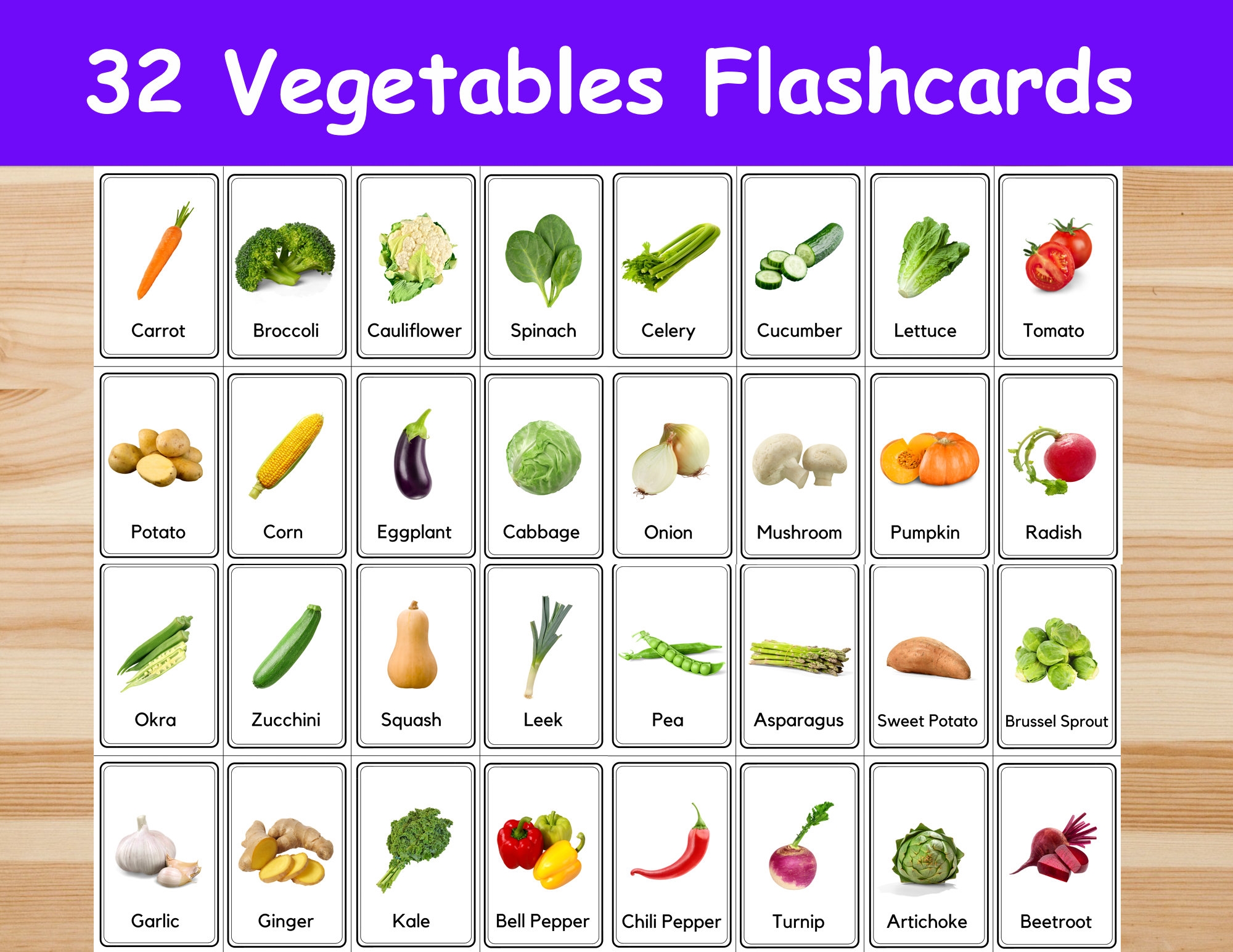 32 Vegetables Flashcards Image Cards For Kids Preschool 