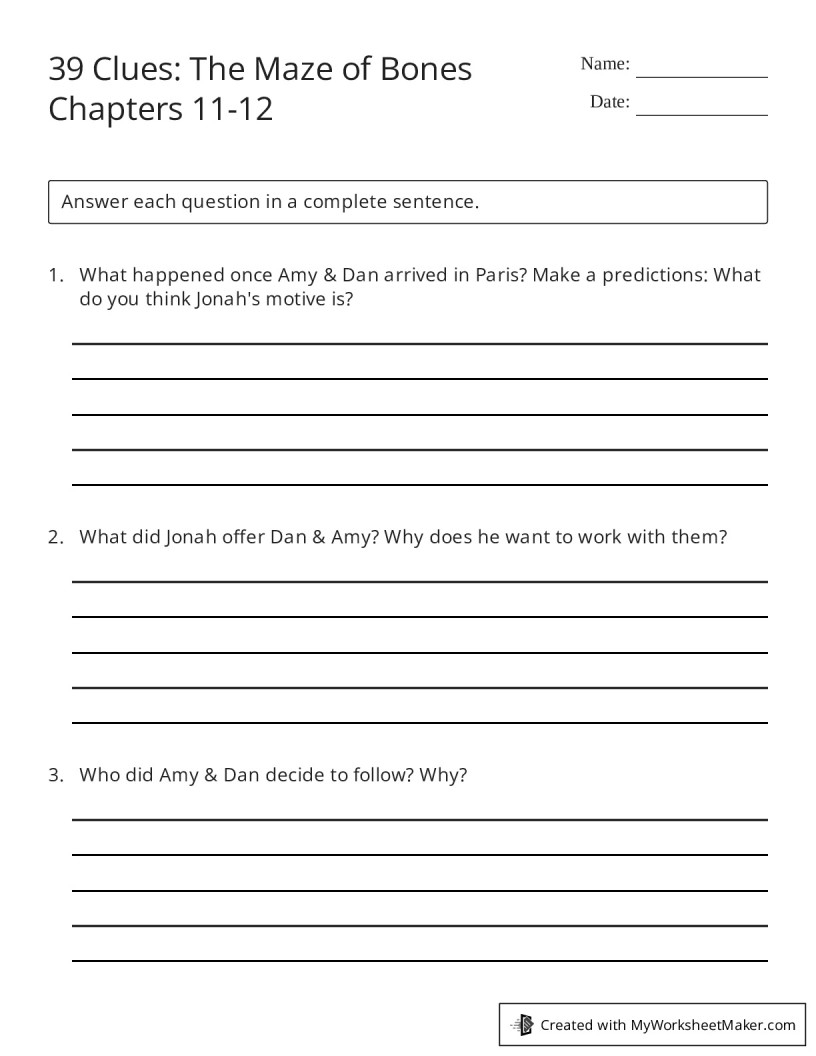 39 Clues The Maze Of Bones Chapters 11 12 My Worksheet Maker Create Your Own Worksheets 39 Clues The Maze Of Bones Chapters 11 12 My Worksheet Maker Create Your Own Worksheets