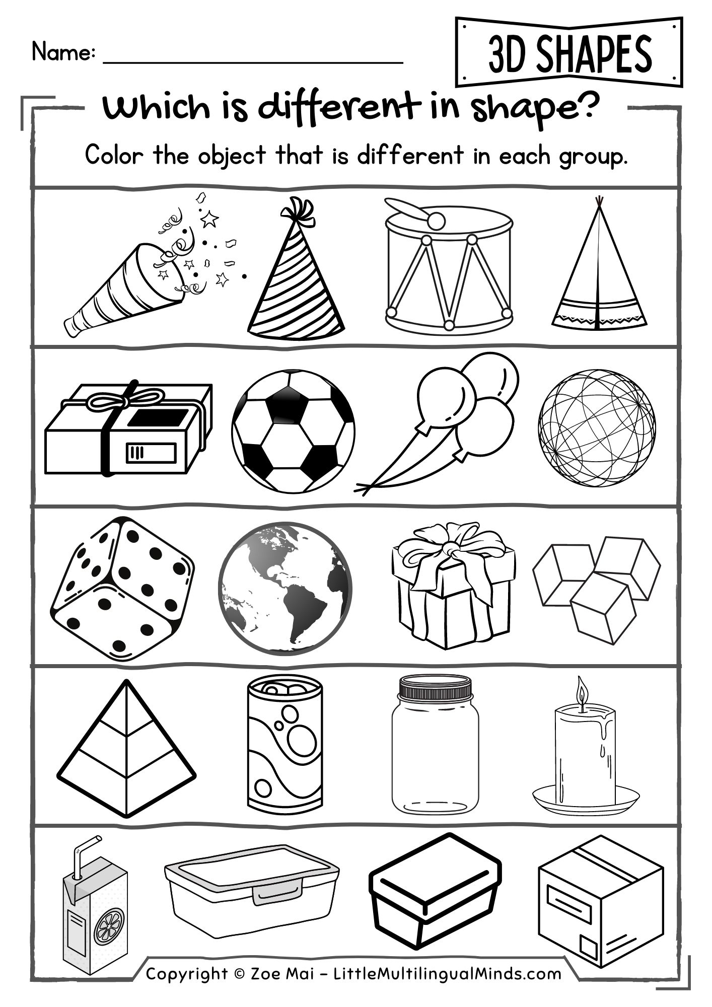 3D Shapes Practice Sheets For Preschool Pre K Kindergarten Color Trace Games