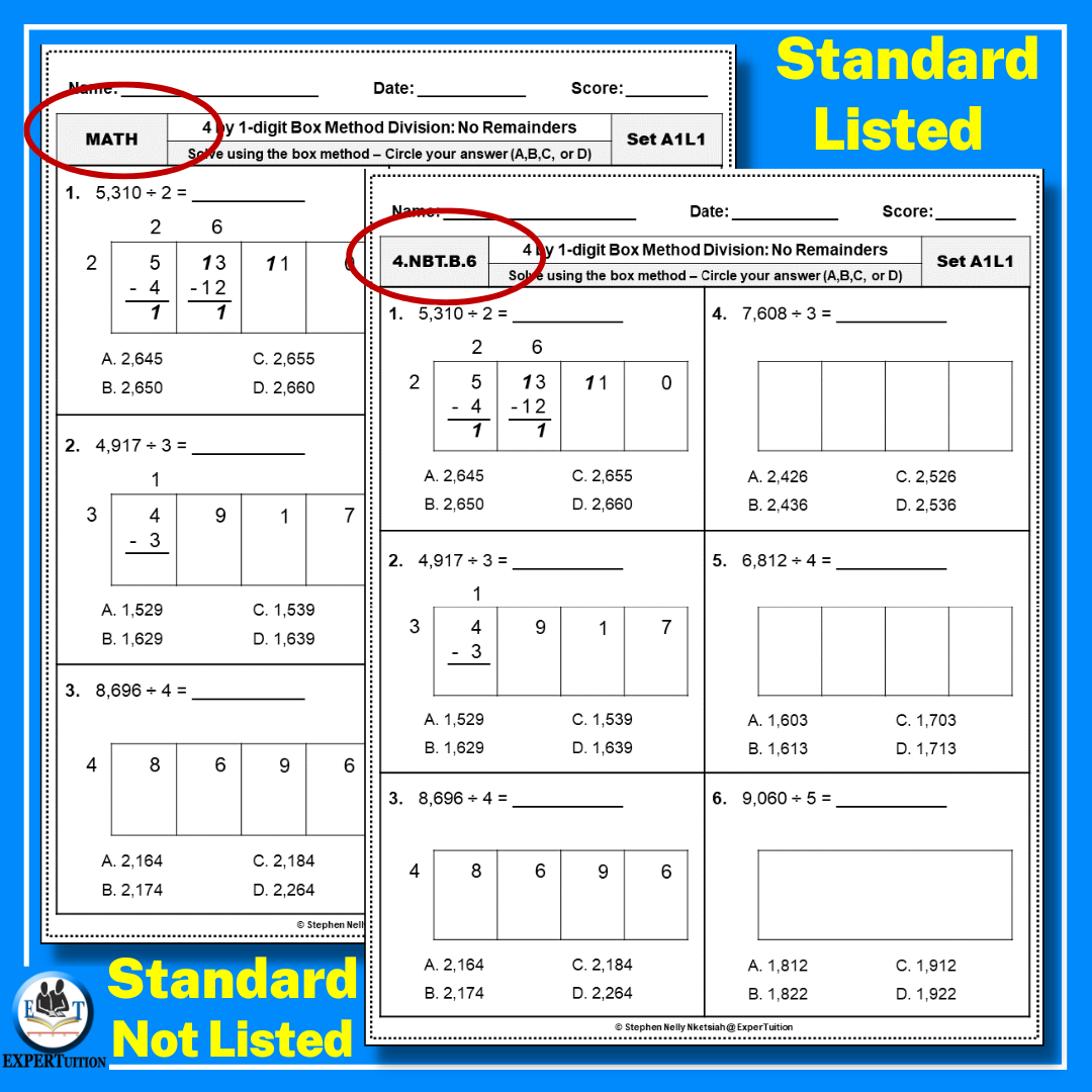4 Digit By 1 Digit Box Method Division Worksheets 4th Grade Division With And Without Remainders 4 Digit By 1 Digit Box Method Division Worksheets 4th Grade Division With And Without Remainders