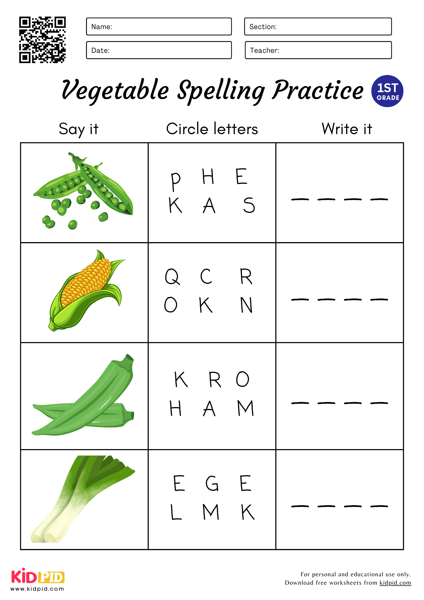 4 Letters Vegetables Spelling Practice Worksheet For Grade 1 Kidpid 4 Letters Vegetables Spelling Practice Worksheet For Grade 1 Kidpid