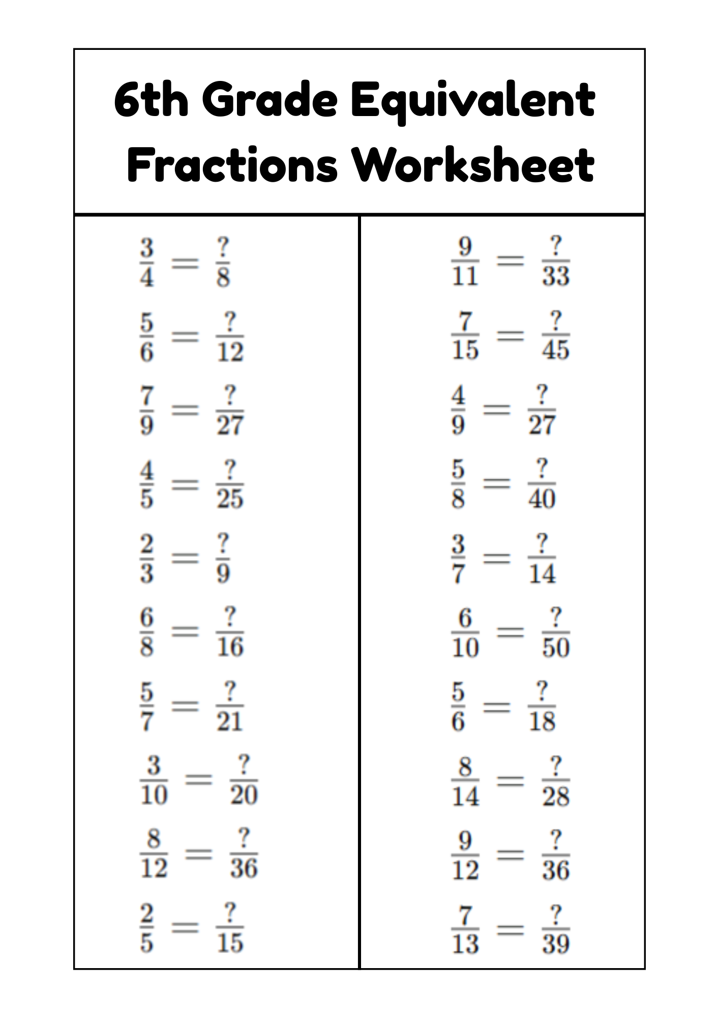 Equivalent Fractions Worksheets Free 5th Grade