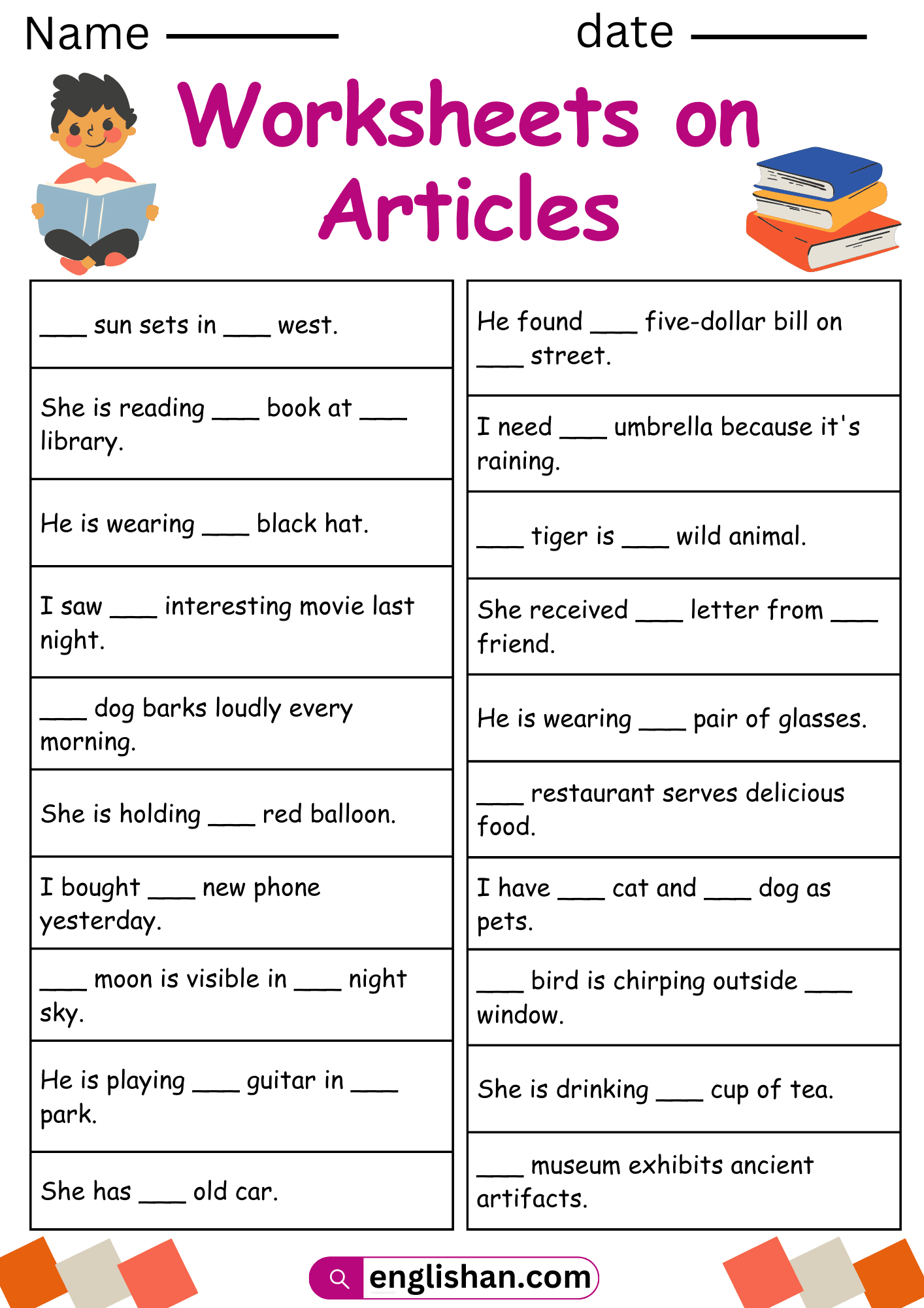 5 Free Articles Worksheets With Answers In English