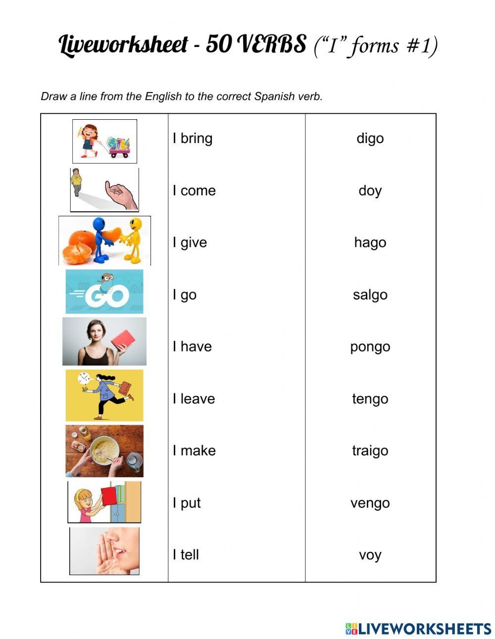 50 Spanish Verbs Yo Forms 1 Worksheet Live Worksheets Worksheets Library