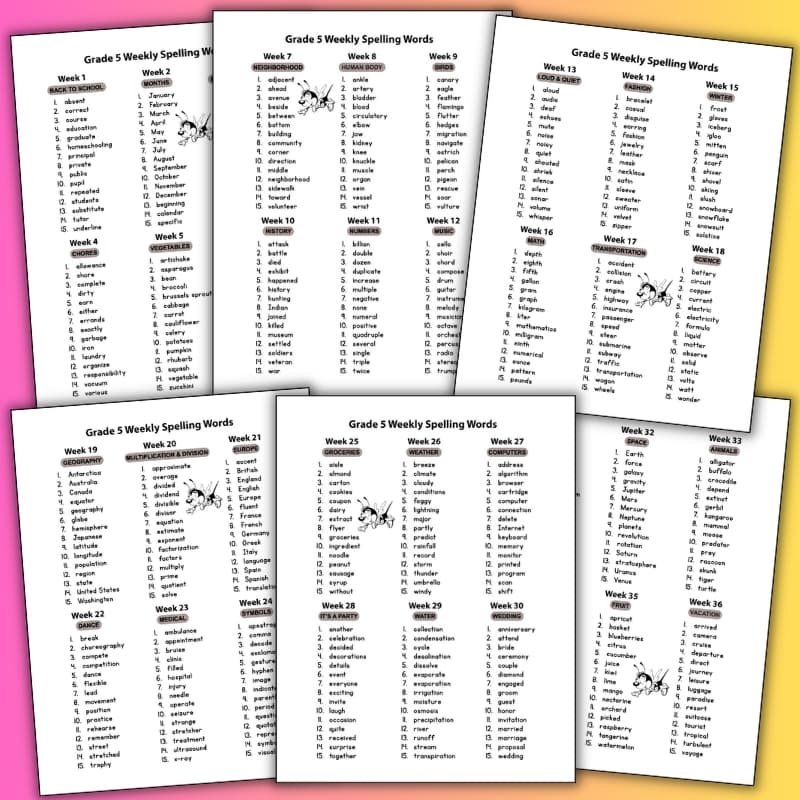 5th Grade Spelling Words Themed Weekly Lists Tree Valley Academy