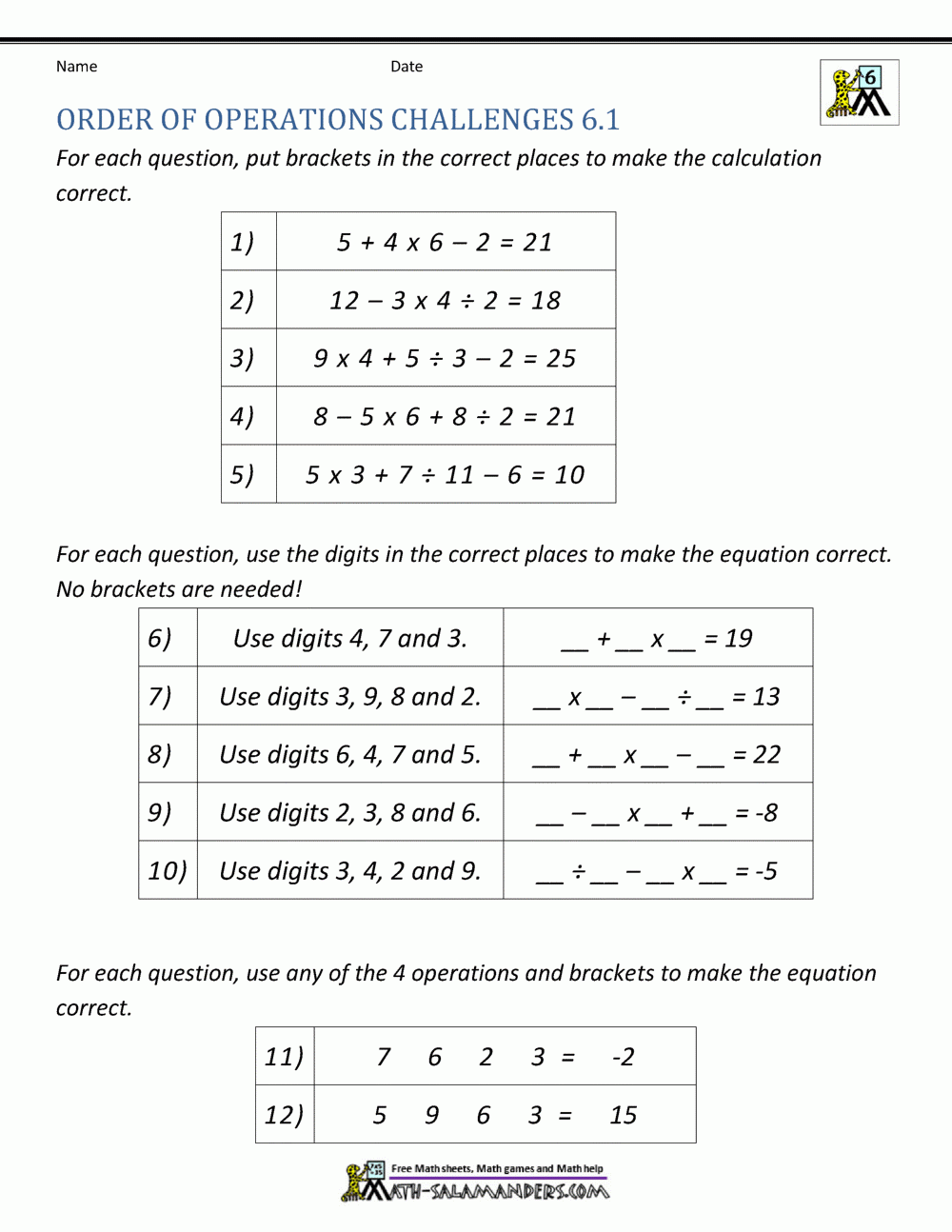 6th Grade Order Of Operations Worksheets