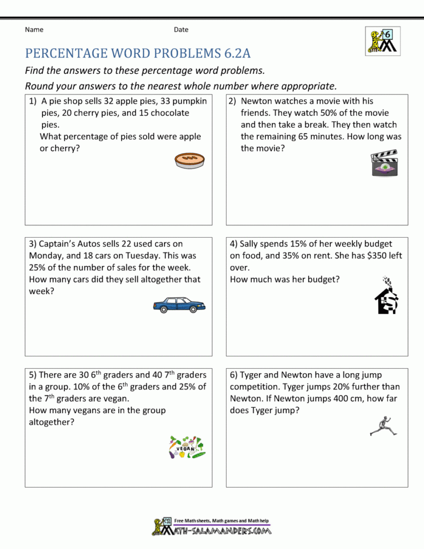 6th Grade Percent Word Problems Worksheets Library