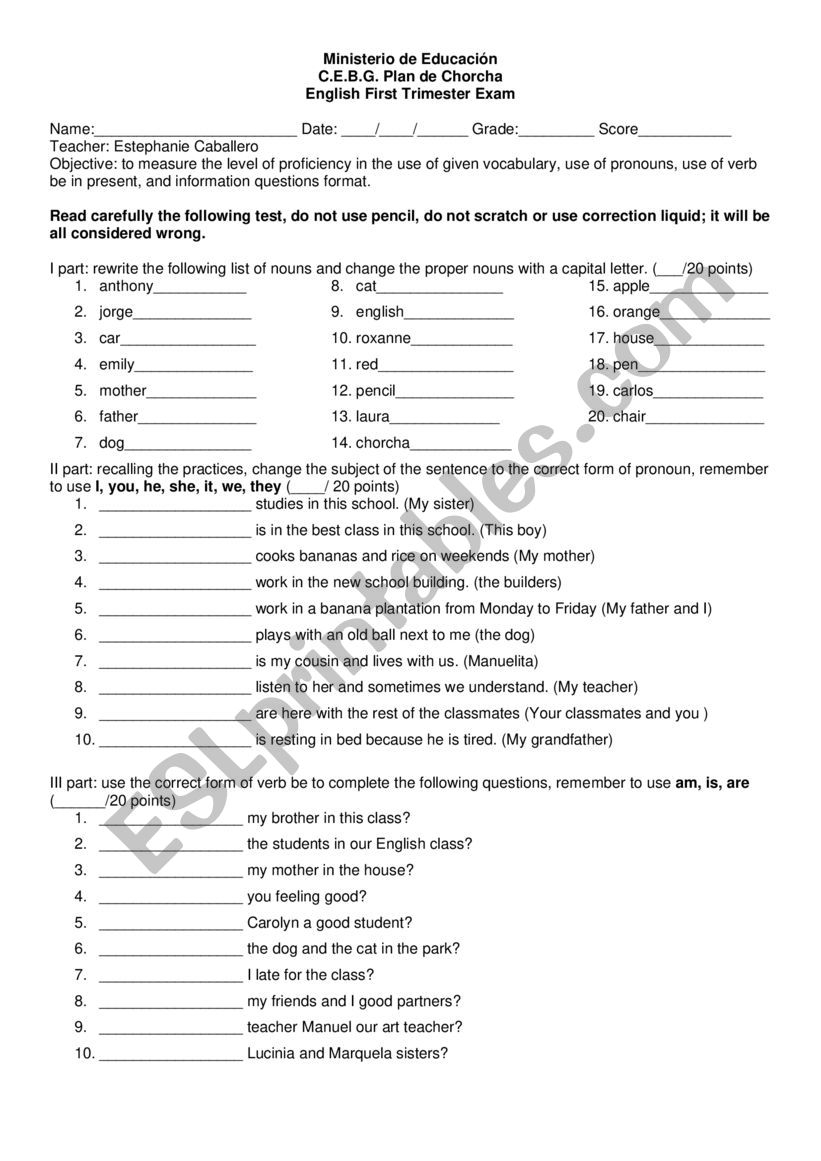 7th Grade English Exam ESL Worksheet By 112987eccm