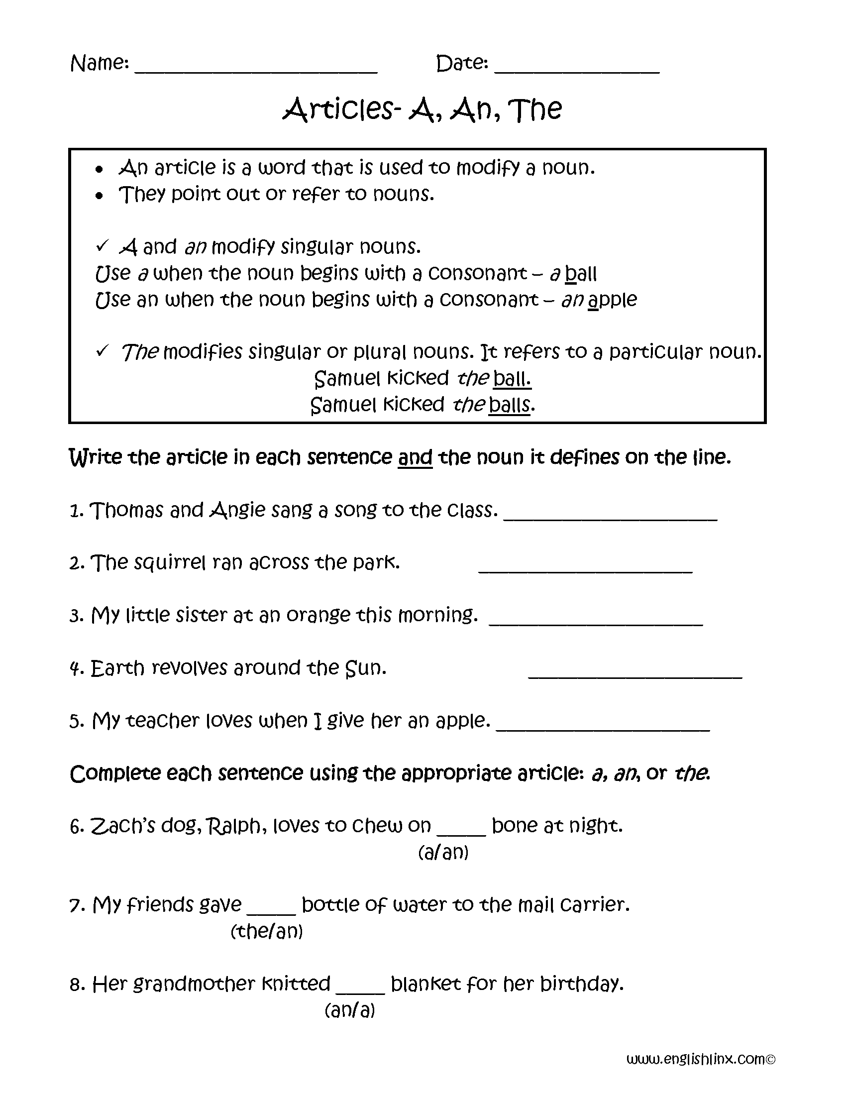 Free Grammar Worksheets For Grade 6