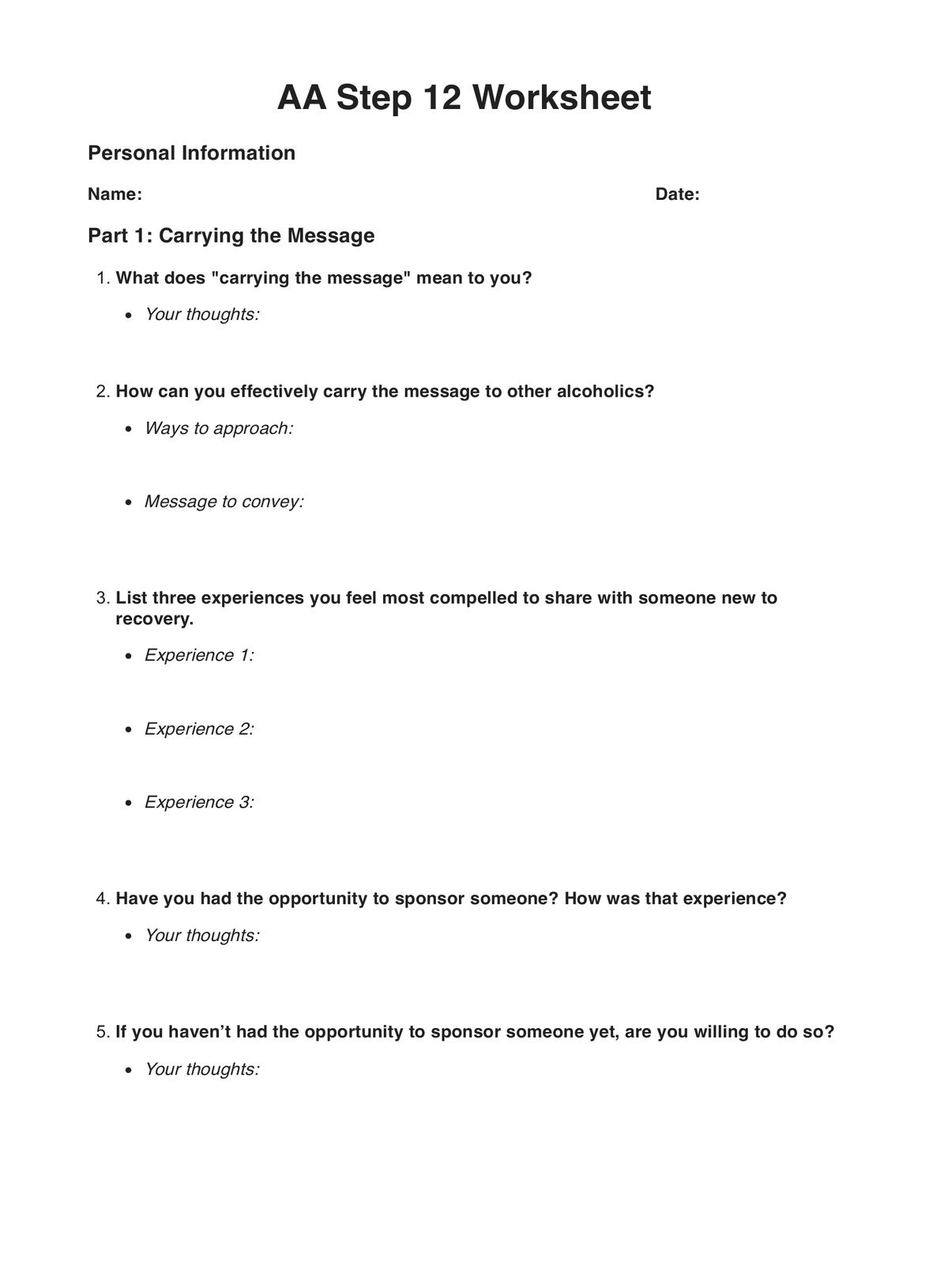 AA Step 12 Worksheets U0026 Example Free PDF Download AA Step 12 Worksheets U0026 Example Free PDF Download