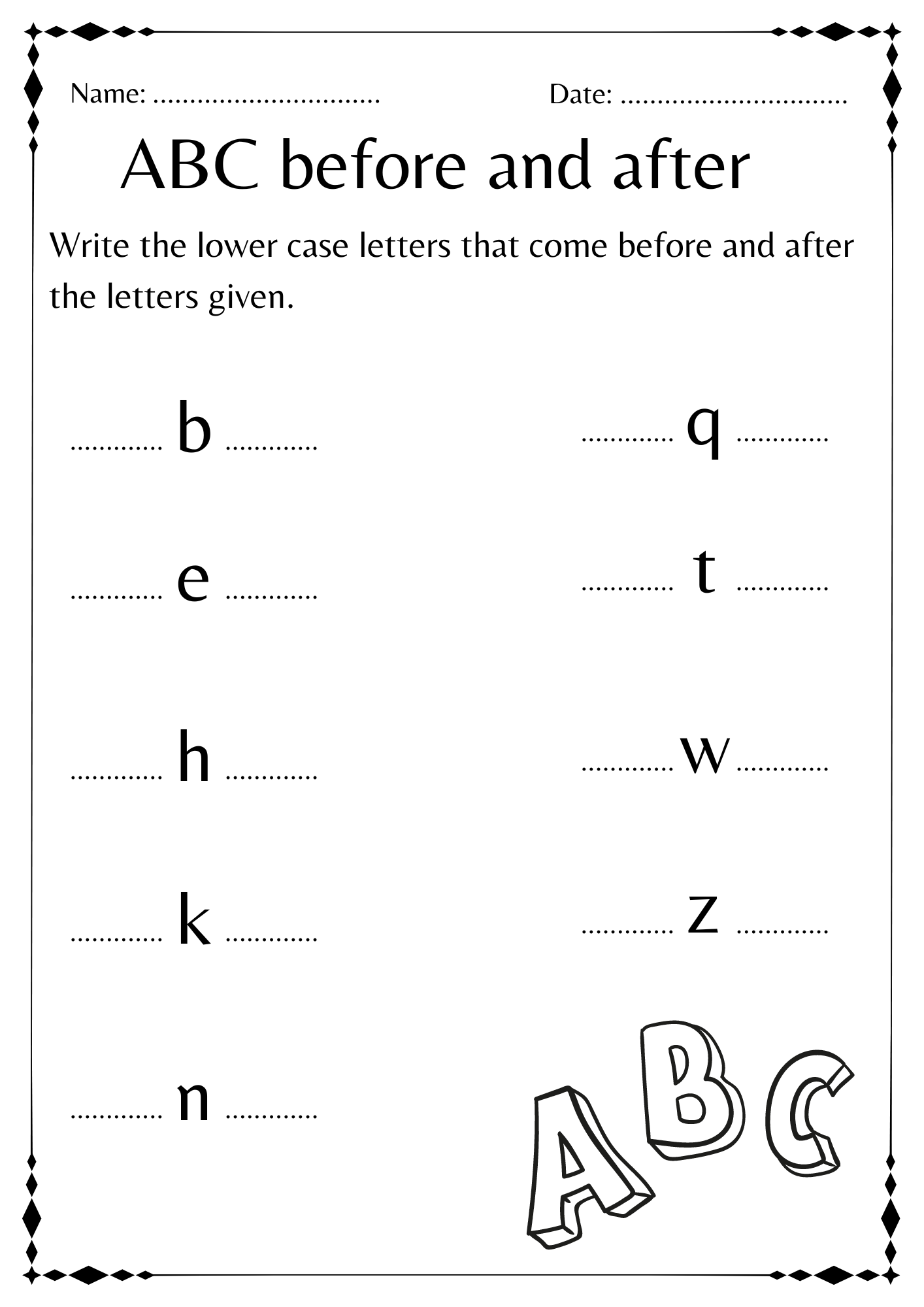 Abc Before And After Worksheet Alphabet For Kindergarten