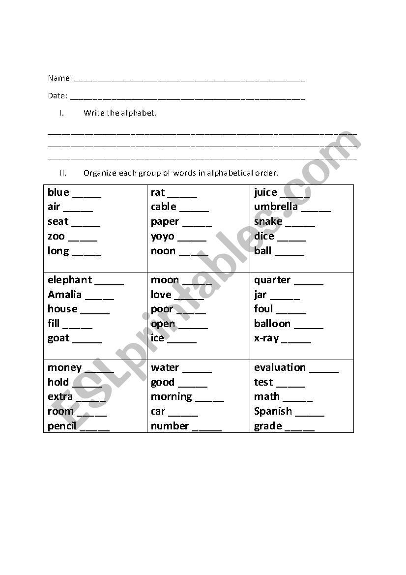 ABC Order first Letter Criteria ESL Worksheet By Juliacristine