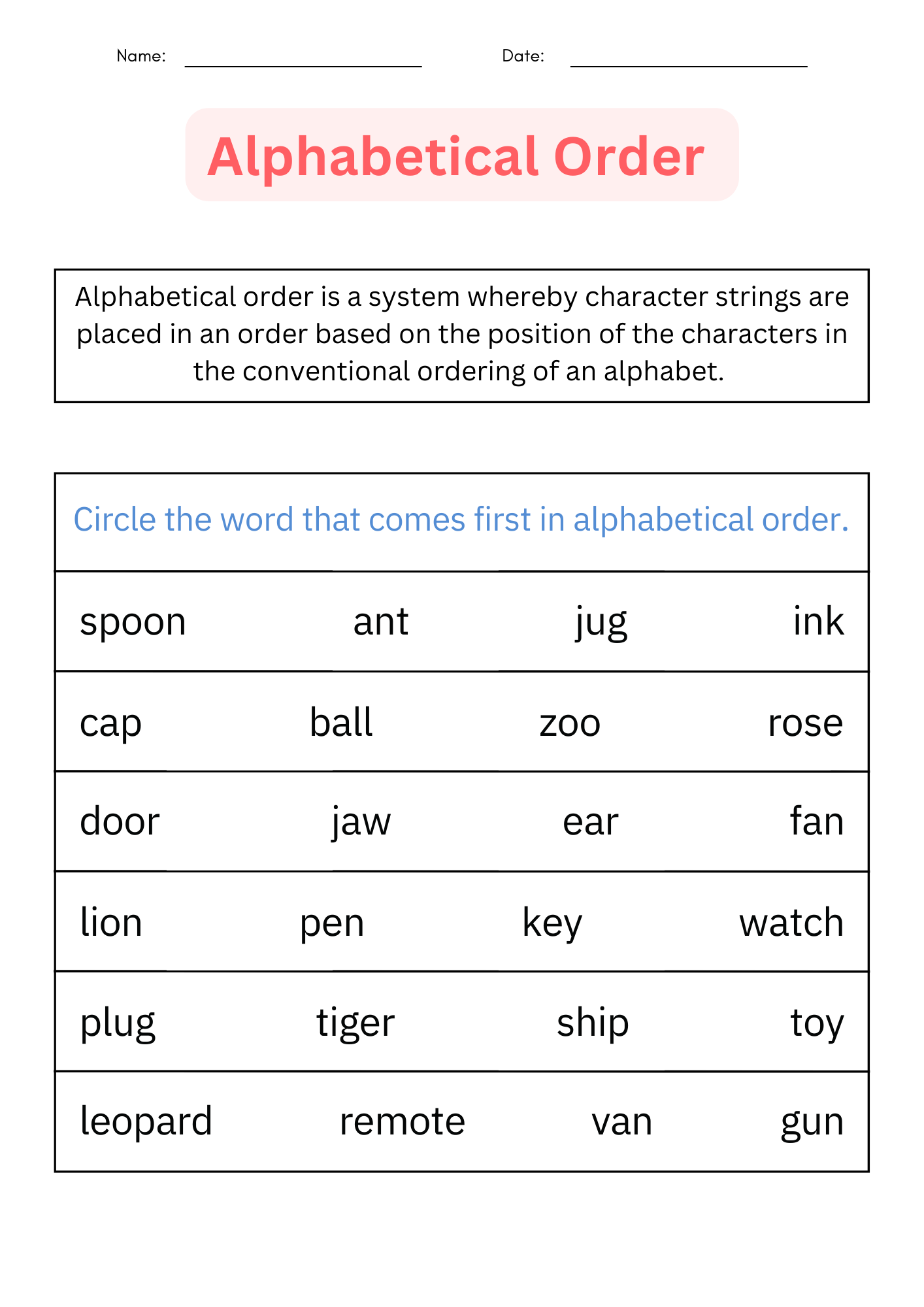 ABC Order Printable Alphabetical Order Worksheets For 1st L 2nd Worksheets Library