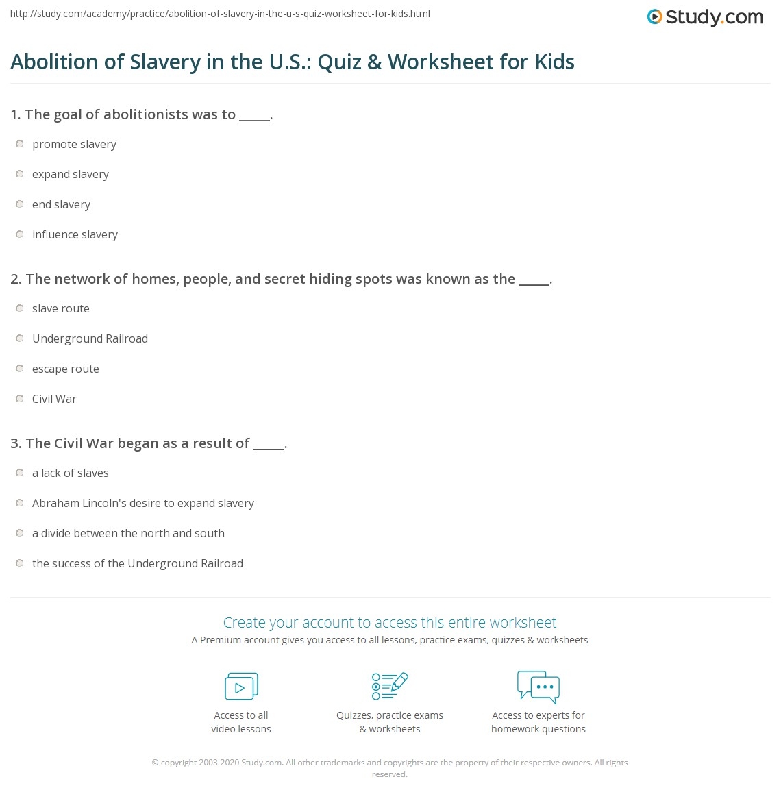 Abolitionist Reading Comprehension Worksheet