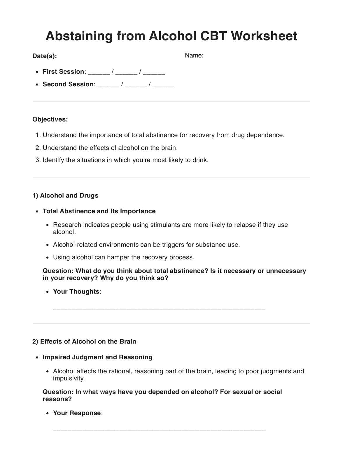 Alcohol Printable Worksheets