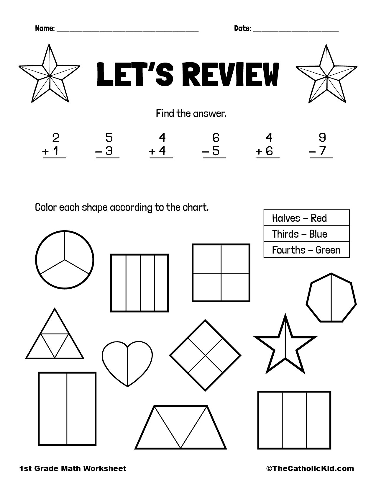 Add Subtract Fractions 1st Grade Math Worksheet Catholic TheCatholicKid