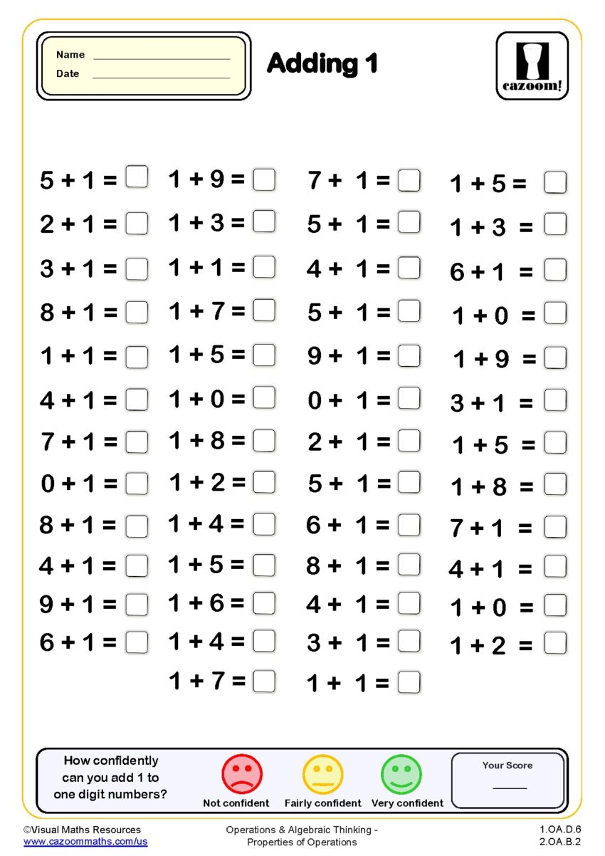 Adding 1 Drills Worksheet 50 Questions PDF Printable Addition Worksheets