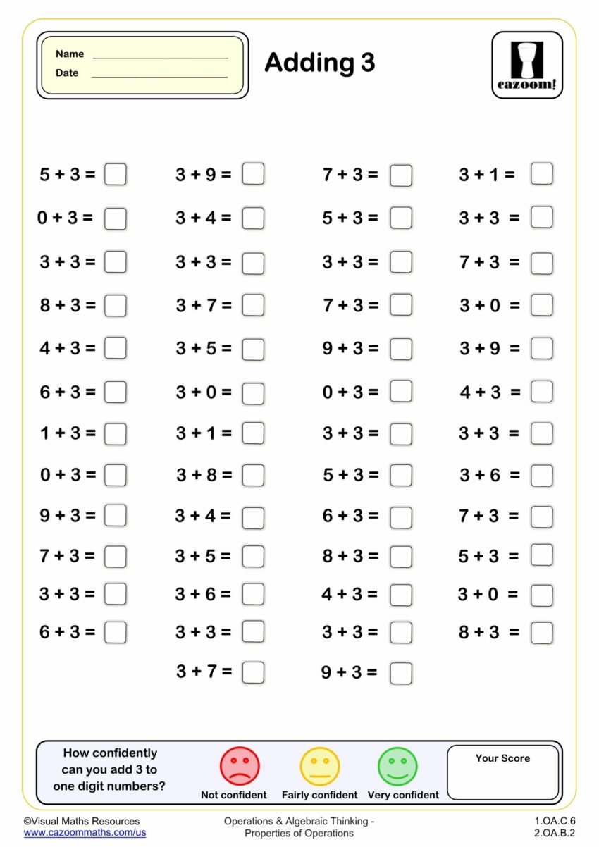 Adding 3 50 Questions Fun And Engaging 1st Grade PDF Worksheets Cazoom Math