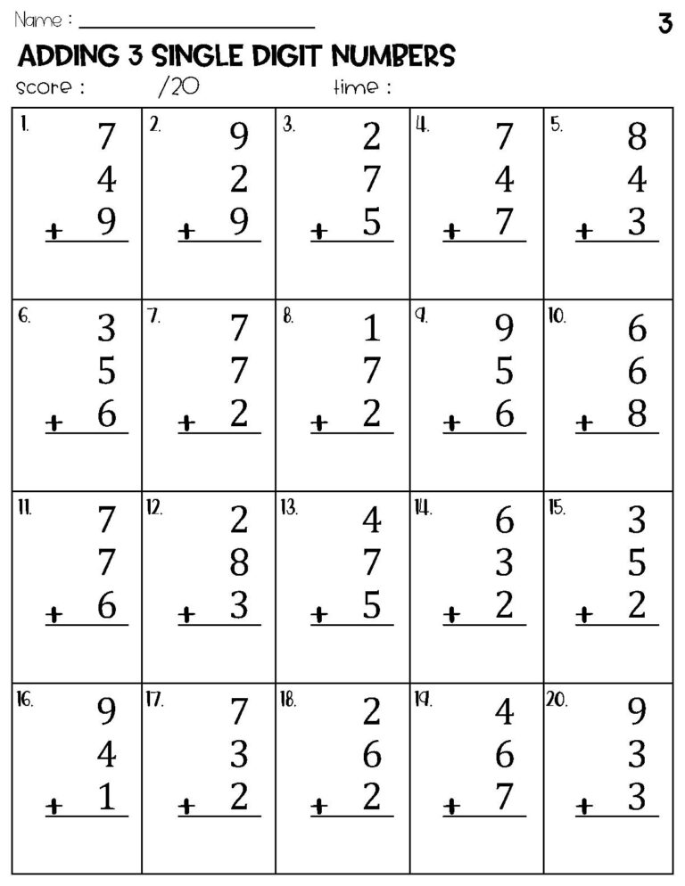 Adding 3 Single Digit Numbers Worksheets Math Timed Test Addition Etsy