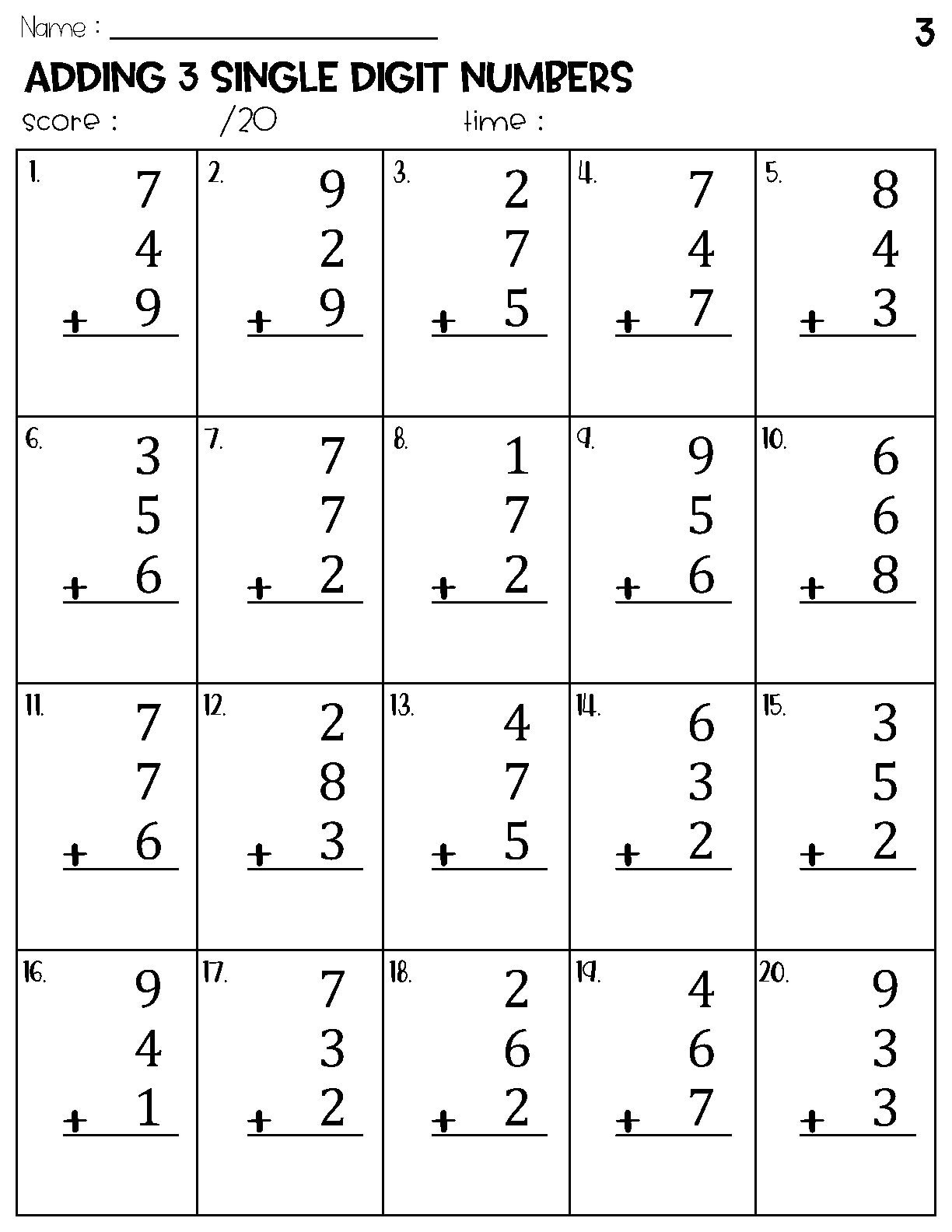Adding 3 Single Digit Numbers Worksheets Math Timed Test Addition Etsy Adding 3 Single Digit Numbers Worksheets Math Timed Test Addition Etsy