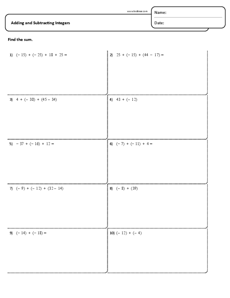 Adding And Subtracting Integers Worksheets