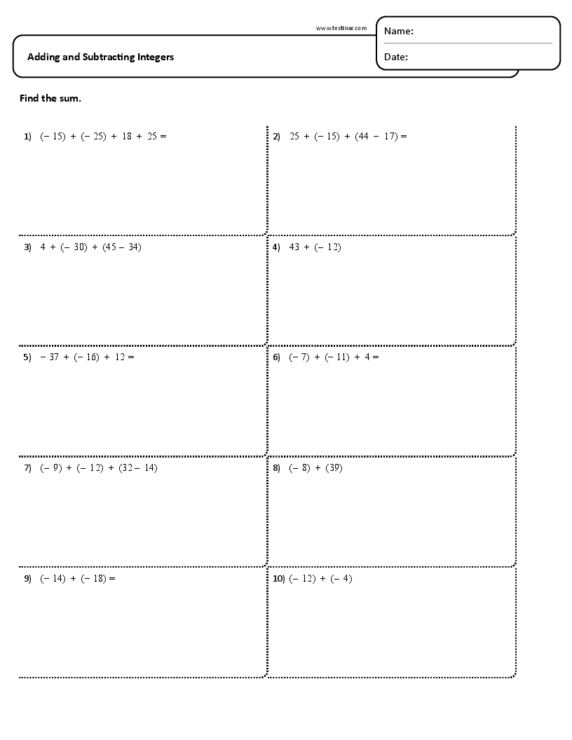 Free Printable Adding Integers Worksheet