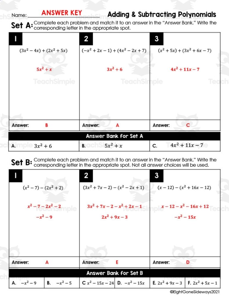 Adding And Subtracting Polynomials Leveled Checking Worksheet By Teach Simple