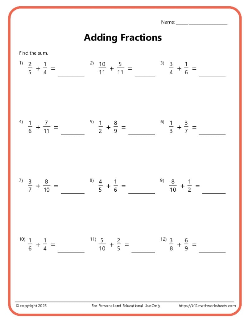 Adding Fractions With Unlike Denominators Worksheets