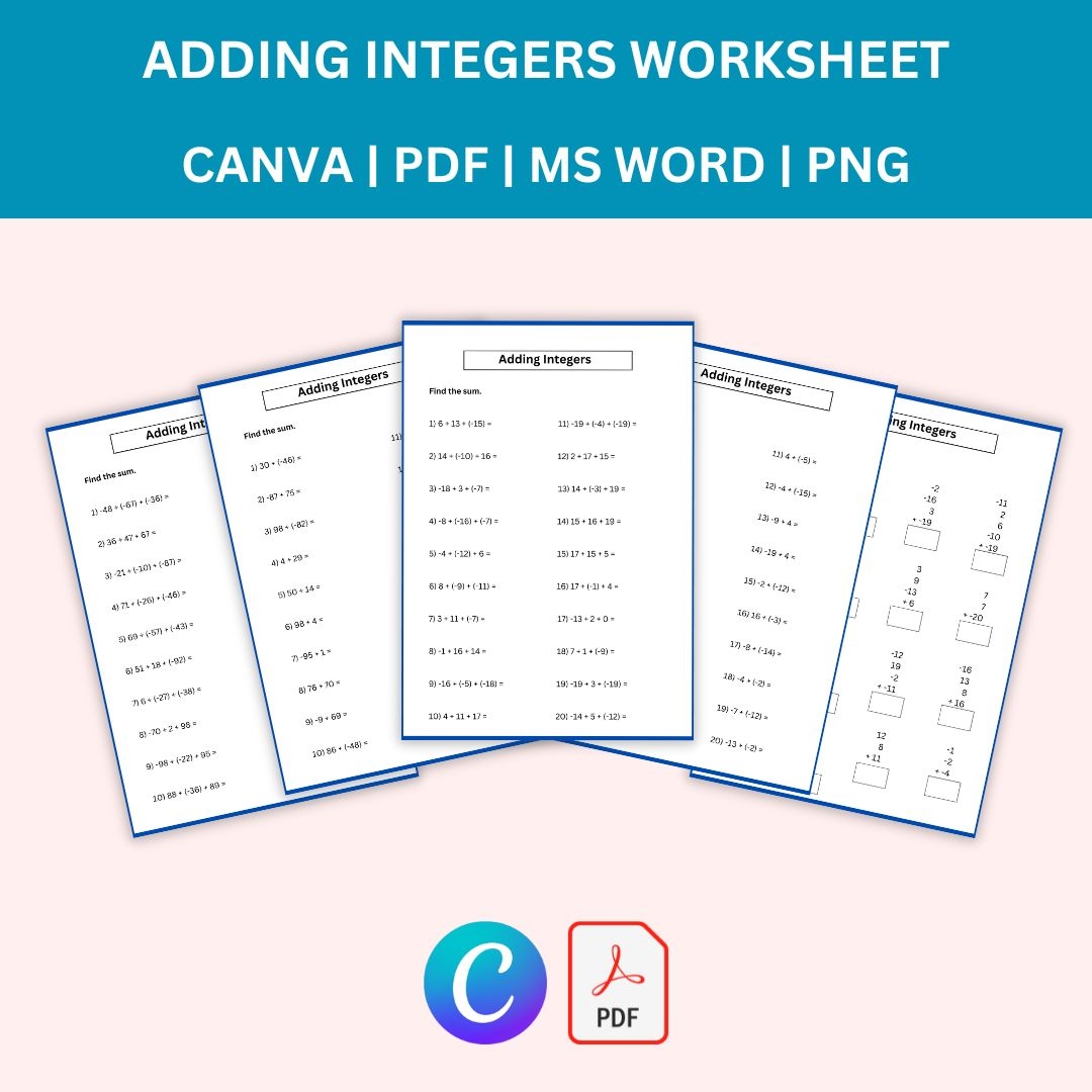 Adding Integers Worksheet Printable Template PDF Word